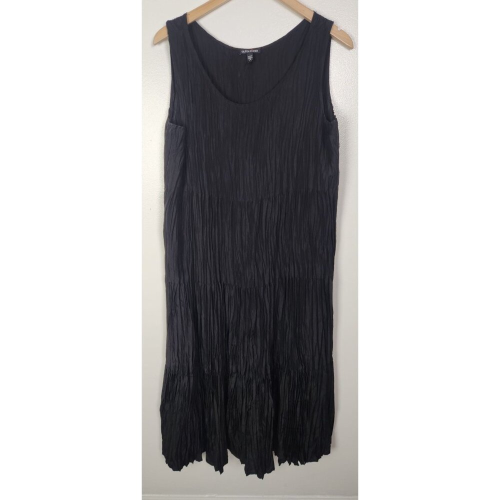 Eileen Fisher Black Crinkled Crushed Silk Sleeveless Midi Dress